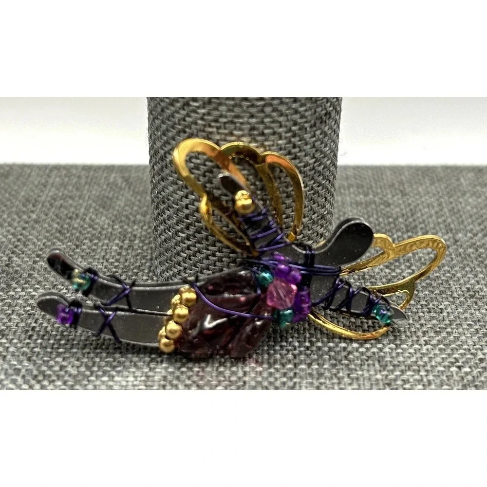 LizTech Dragonfly Brooch Pin Gold Tone Enamel Purple White Beads